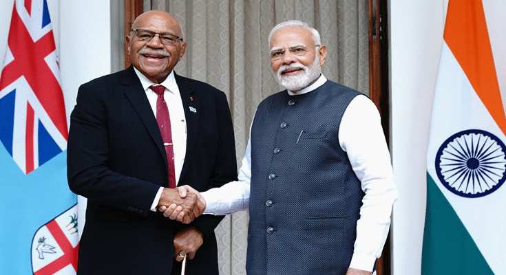 Fijian PM Sitiveni Ligamamada Rabuka meets Indian PM Narendra Modi