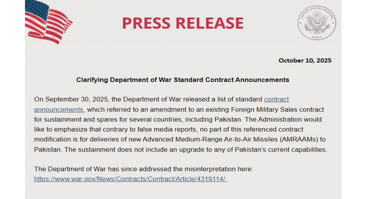 US Embassy Refutes Reports of Missile Sale to Pakistan, Says Deal Is for Maintenance Only