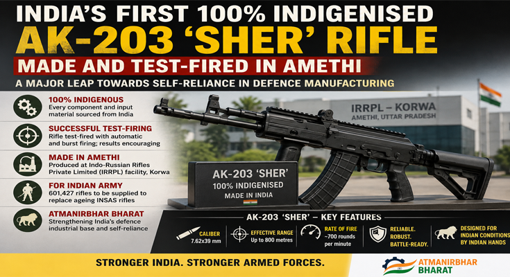 India’s First 100% Indigenous AK-203 ‘Sher’ Rifle Test-Fired at Amethi